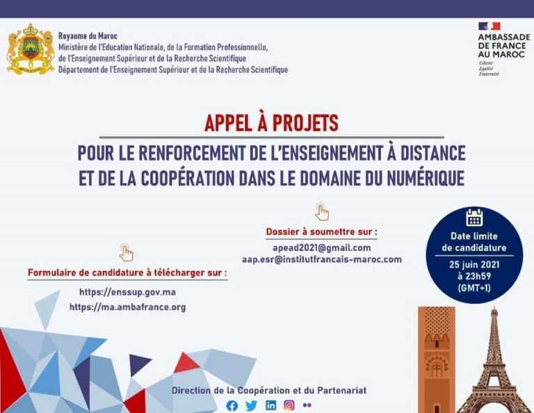 Lire la suite à propos de l’article Lancement d’un appel à projet commun pour soutenir le renfoncement de l’enseignement à distance à l’Université marocaine et la coopération marocco-française dans le domaine du numérique.